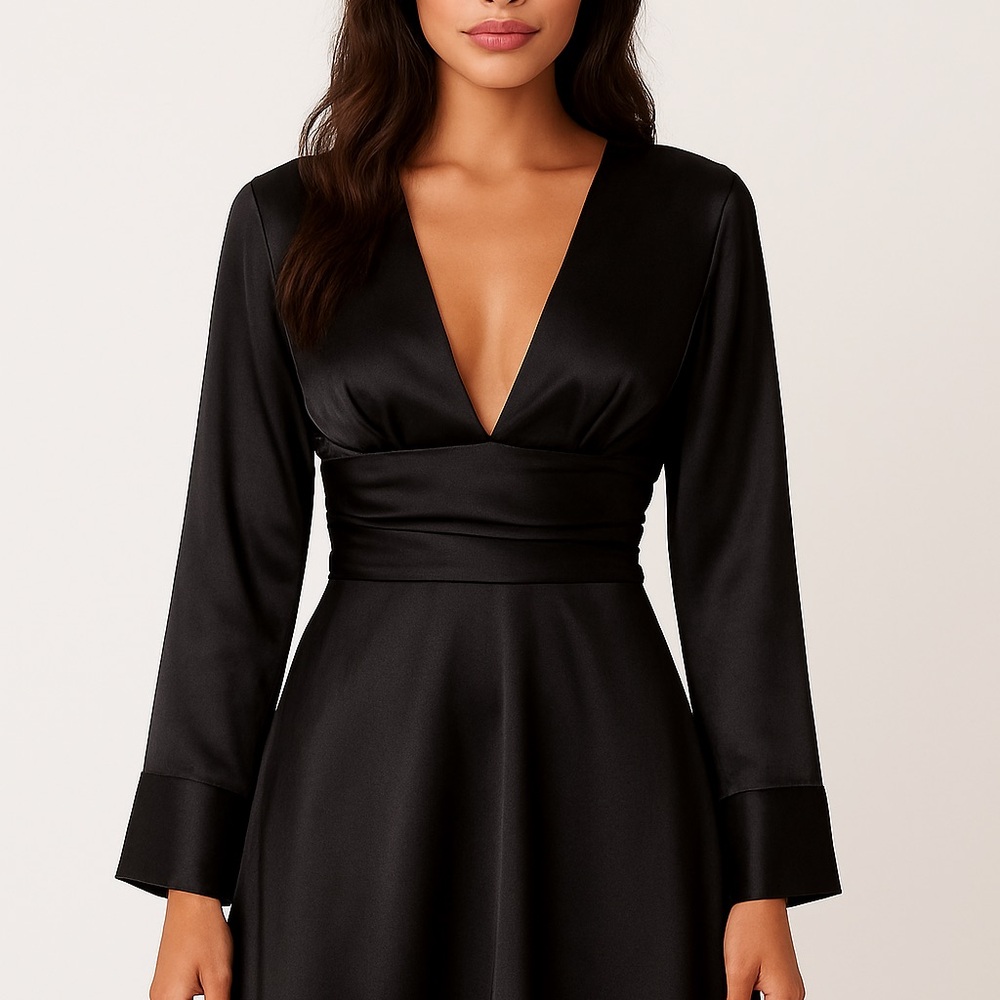 Zara Style Black Satin Long Sleeve Dress “V- Neck - Cocktail / Night Out Dress”